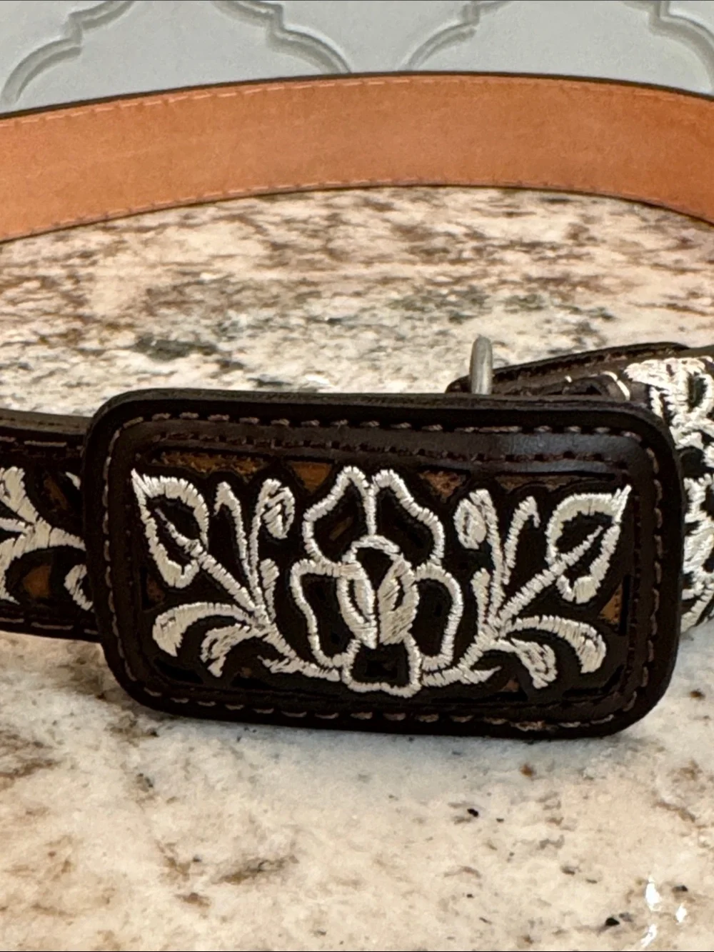 Embroidered Leather Belt in Dark Brown and White